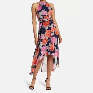 Eliza J High Low Floral Maxi Dress Sz 8 Navy Blue Chiffon Sundress Halter Belted